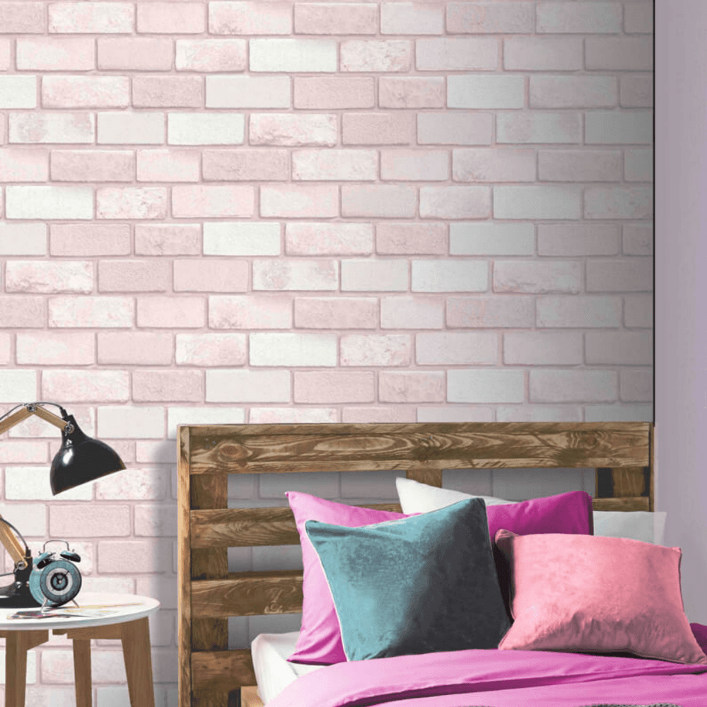 carta da parati glitterata,rosa,parete,mattone,camera,mobilia