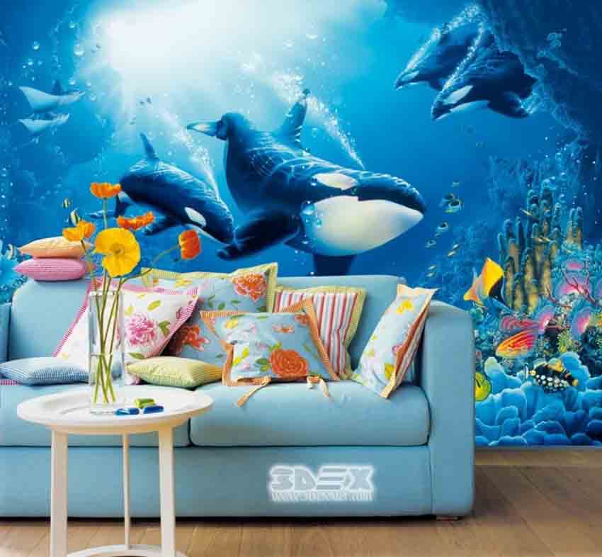 carta da parati 3d,sfondo,delfino,murale,parete,squalo