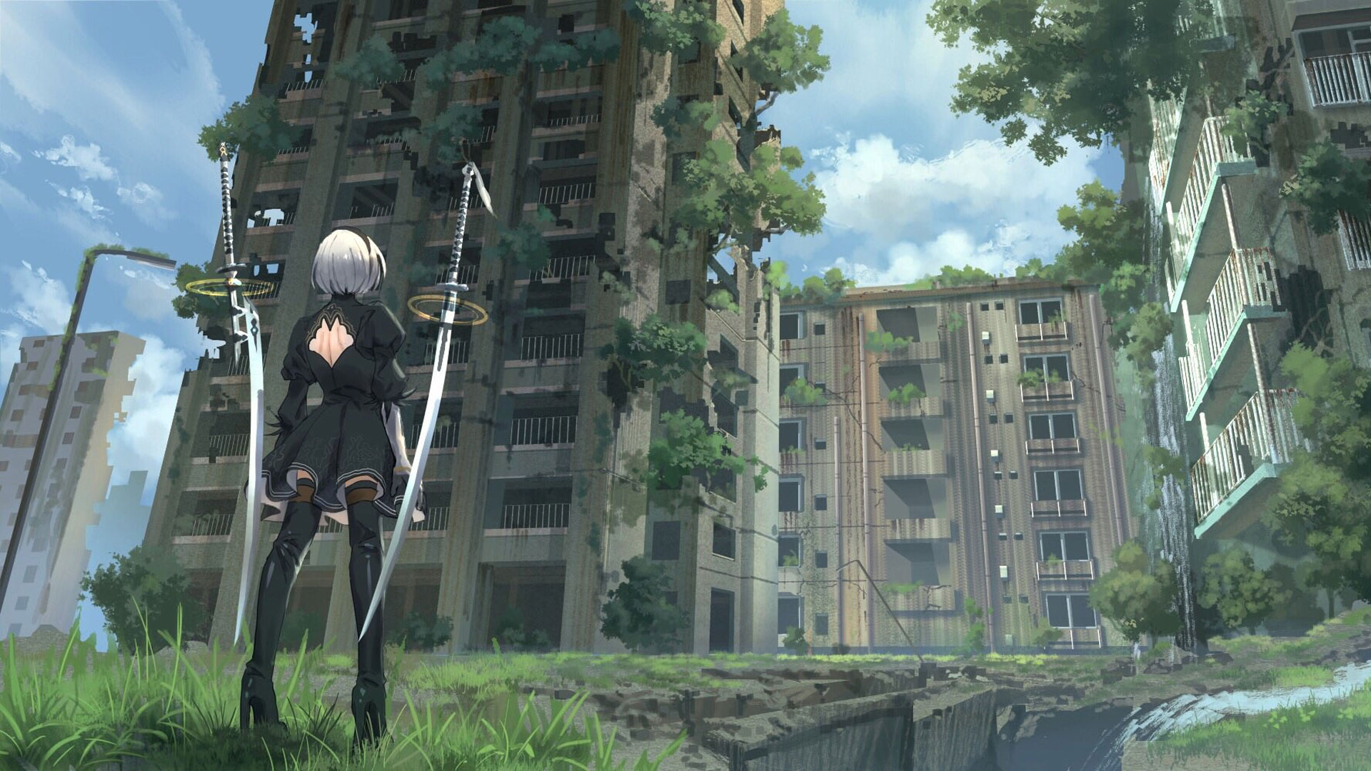 nier automata wallpaper,tree,screenshot,architecture,residential area,building