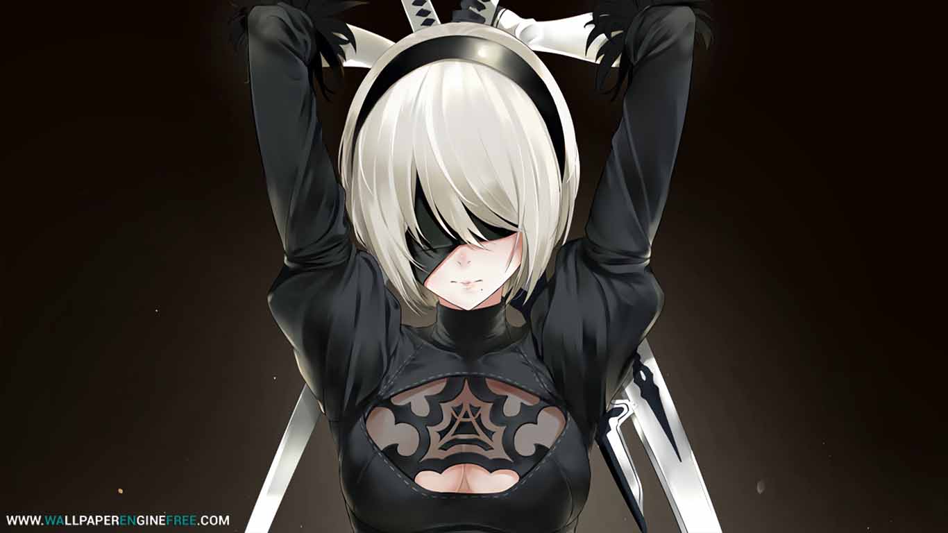 fond d'écran nier automata,dessin animé,anime,cheveux noirs,bouche,oeuvre de cg