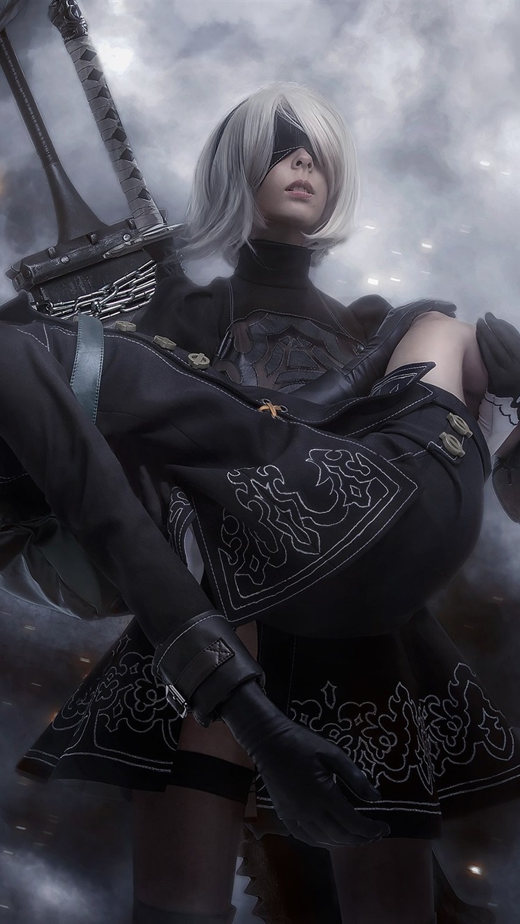 fond d'écran nier automata,oeuvre de cg,personnage fictif,cheveux noirs