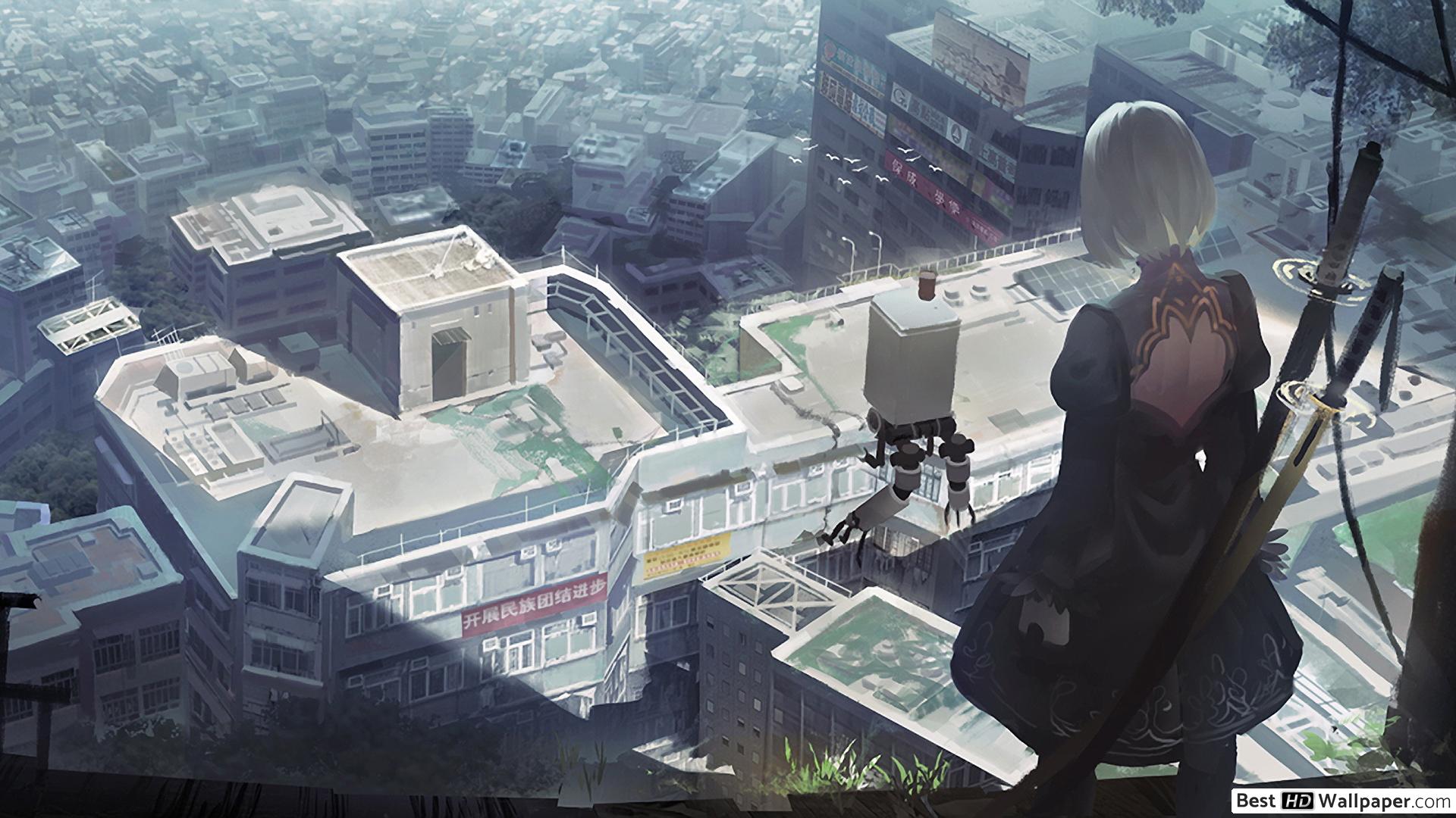 nier automata wallpaper,games,metropolis,pc game,architecture,urban design