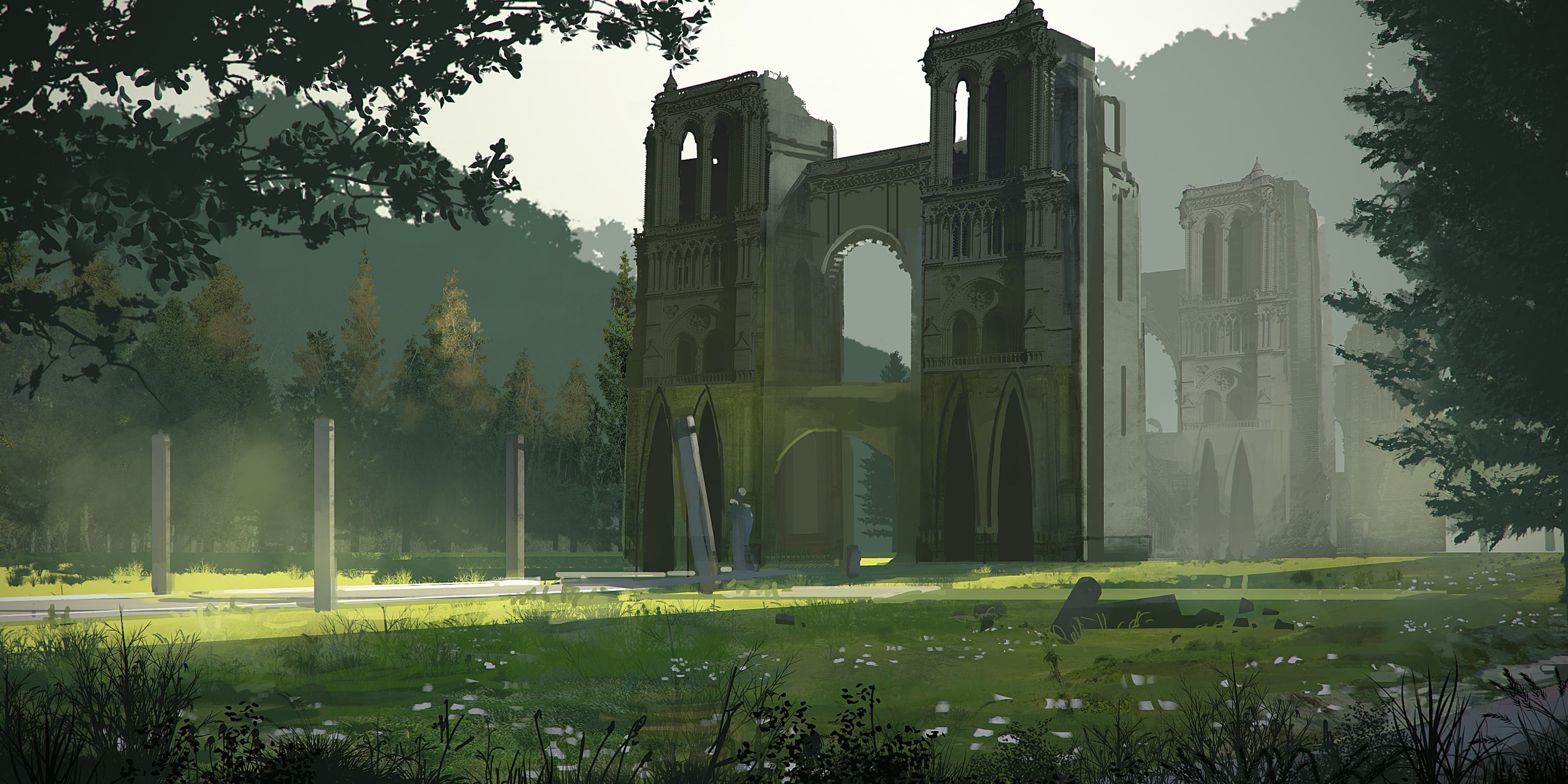 nier automata wallpaper,atmospheric phenomenon,architecture,morning,building,abbey