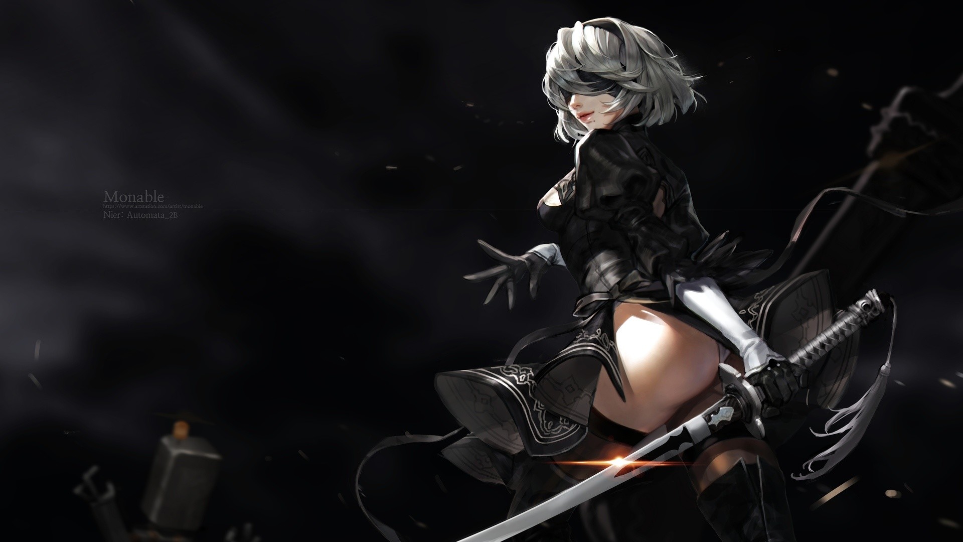 fond d'écran nier automata,oeuvre de cg,anime,cheveux noirs,ténèbres,figurine