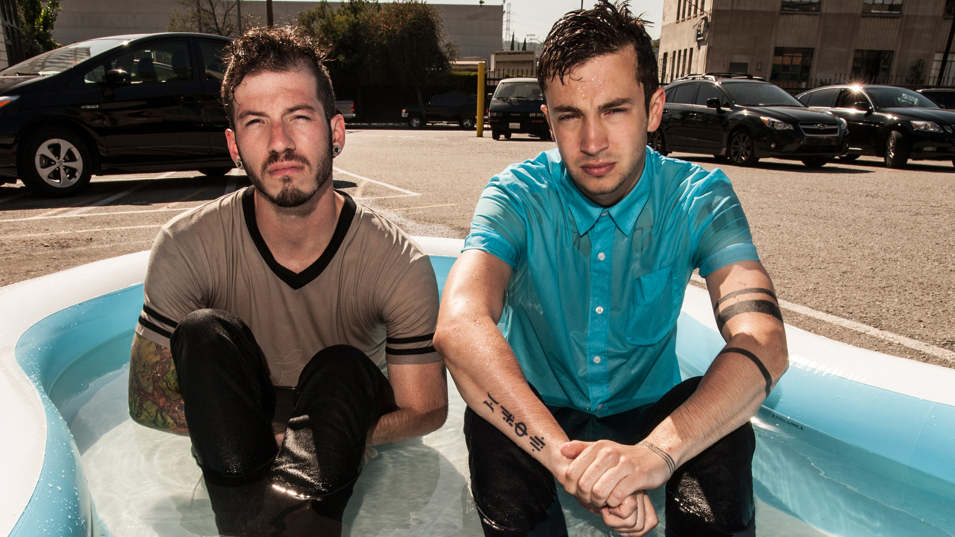 twenty one pilots wallpaper,luxury vehicle,facial hair,family car,beard,t shirt