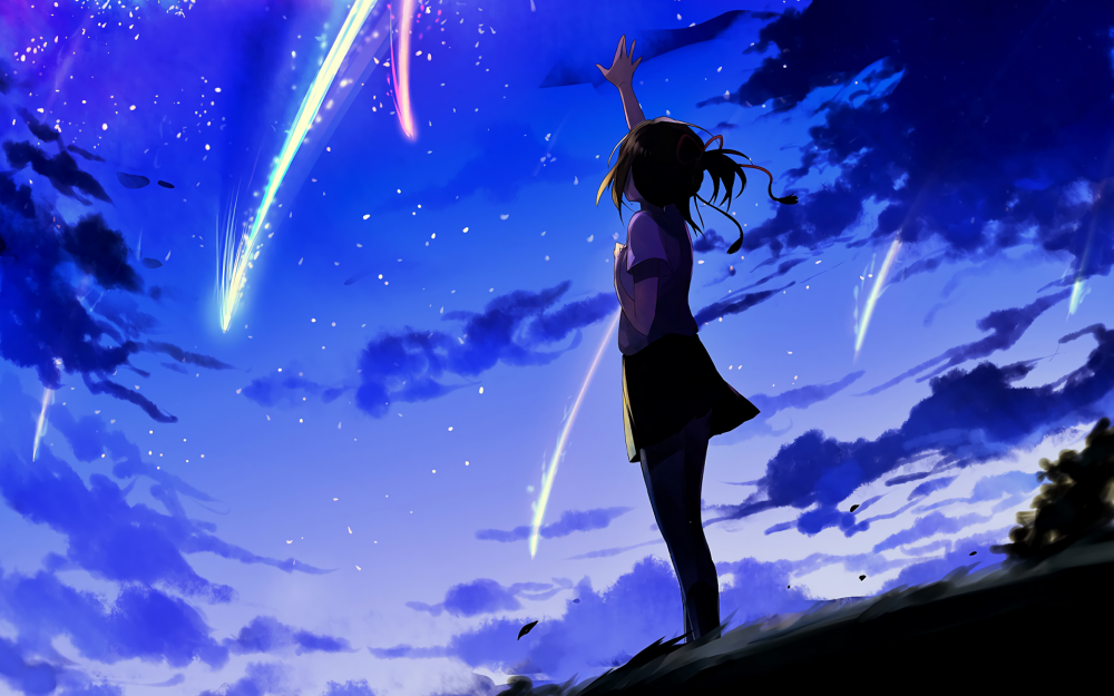 kimi no na wa wallpaper,cielo,anime,cg artwork,spazio,capelli neri