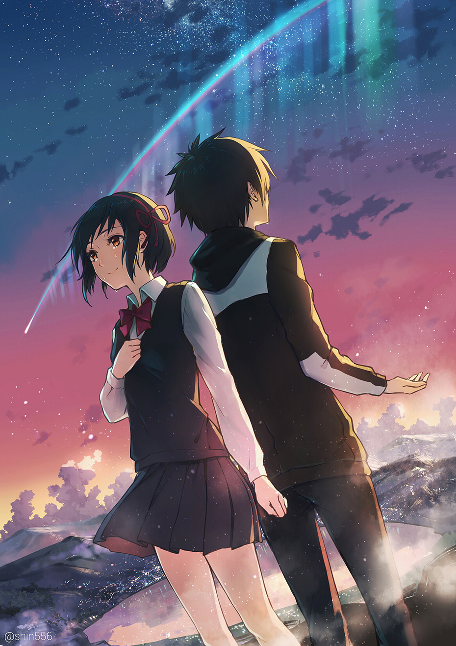 kimi no na wa wallpaper,anime,cartoon,cg artwork,sky,black hair