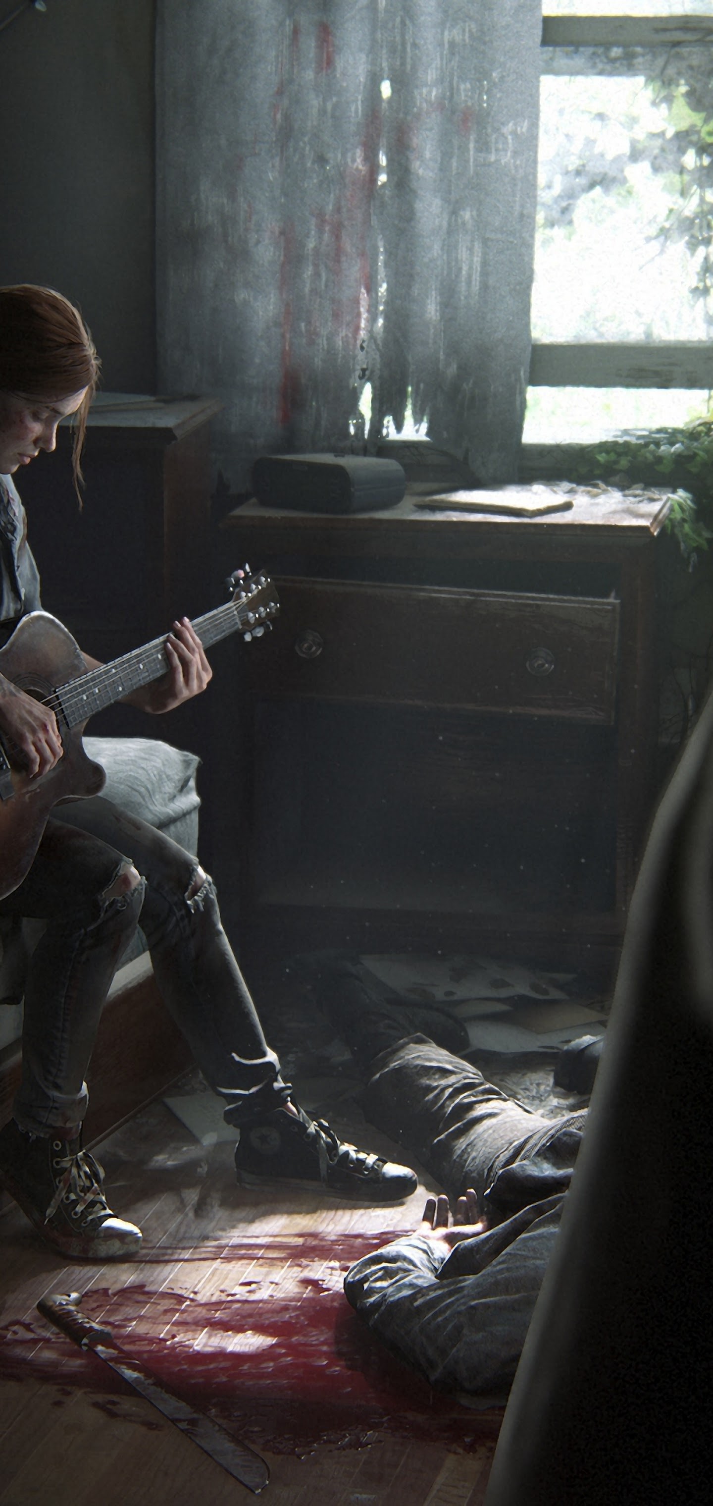 the last of us wallpaper,footwear,sitting,musician,shoe