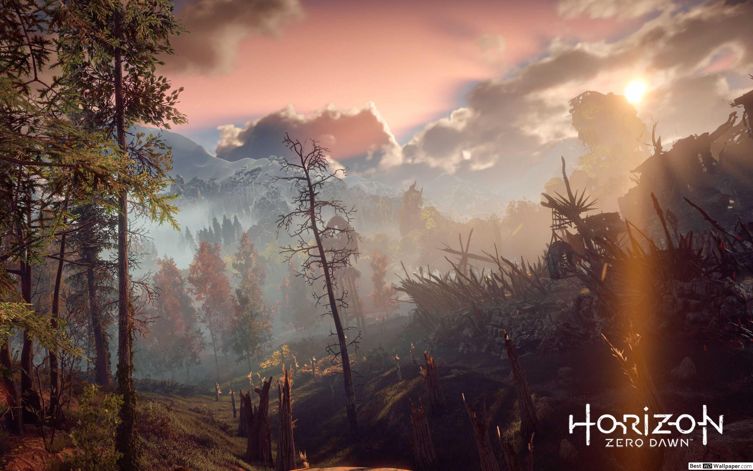 horizon zero dawn wallpaper,nature,natural landscape,sky,atmospheric phenomenon,morning