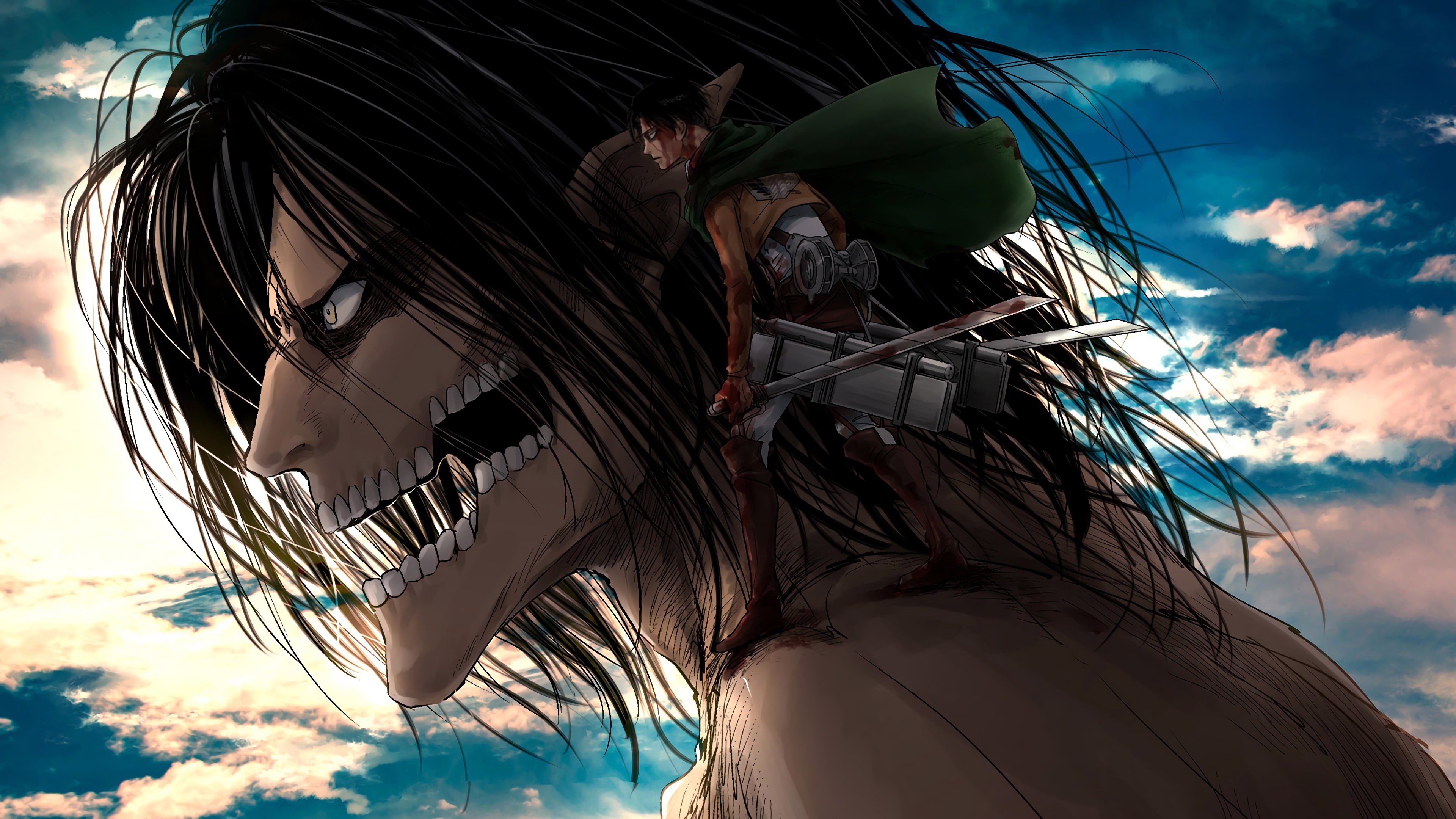 attacco su carta da parati titan,capelli,cg artwork,capelli neri,anime,cielo