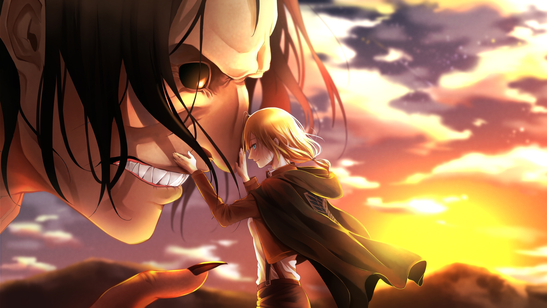 attack on titan wallpaper,cg artwork,cartoon,anime,long hair,sky