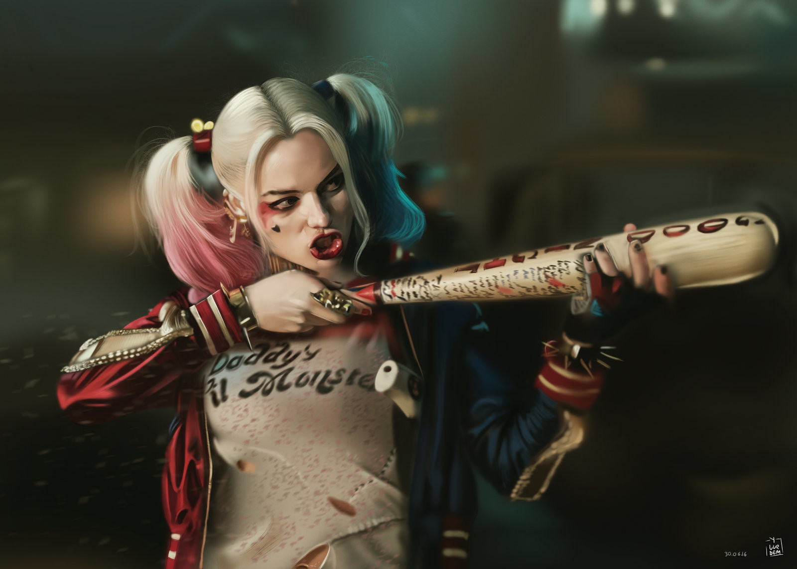 fondo de pantalla de harley quinn,harley quinn,personaje de ficción,supervillano,fotografía,instrumento musical