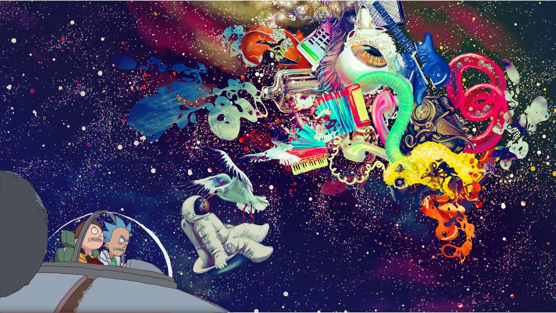 rick and morty wallpaper,illustration,cartoon,graphic design,art,space