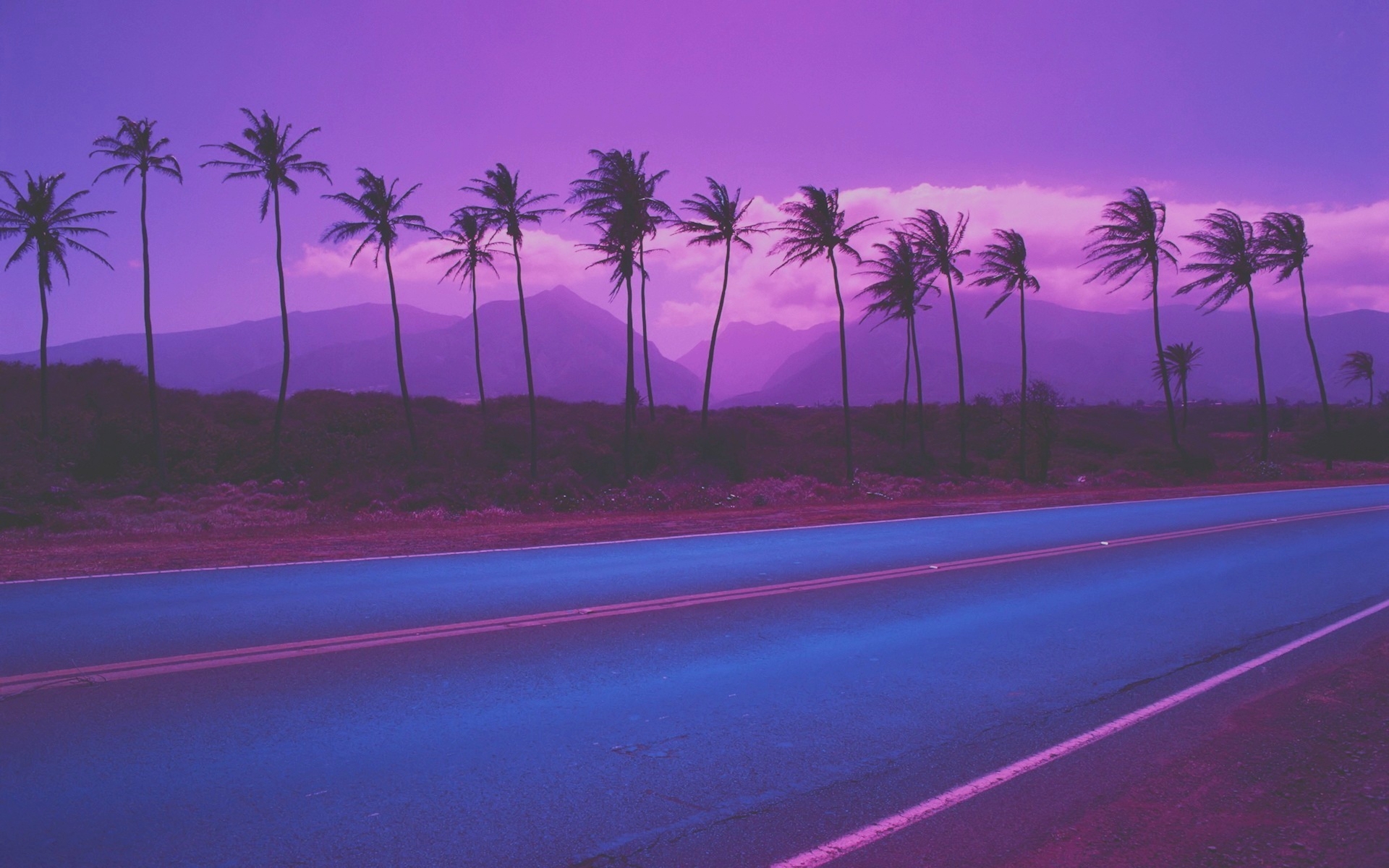 fond d'écran vaporwave,ciel,violet,arbre,route,violet