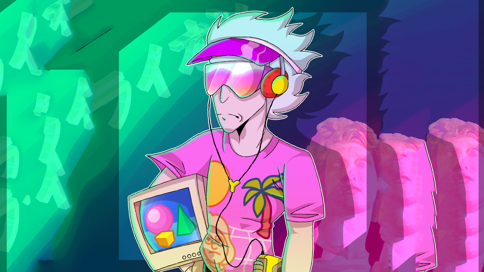 vaporwave wallpaper,cartoon,anime,illustration,fun,fictional character