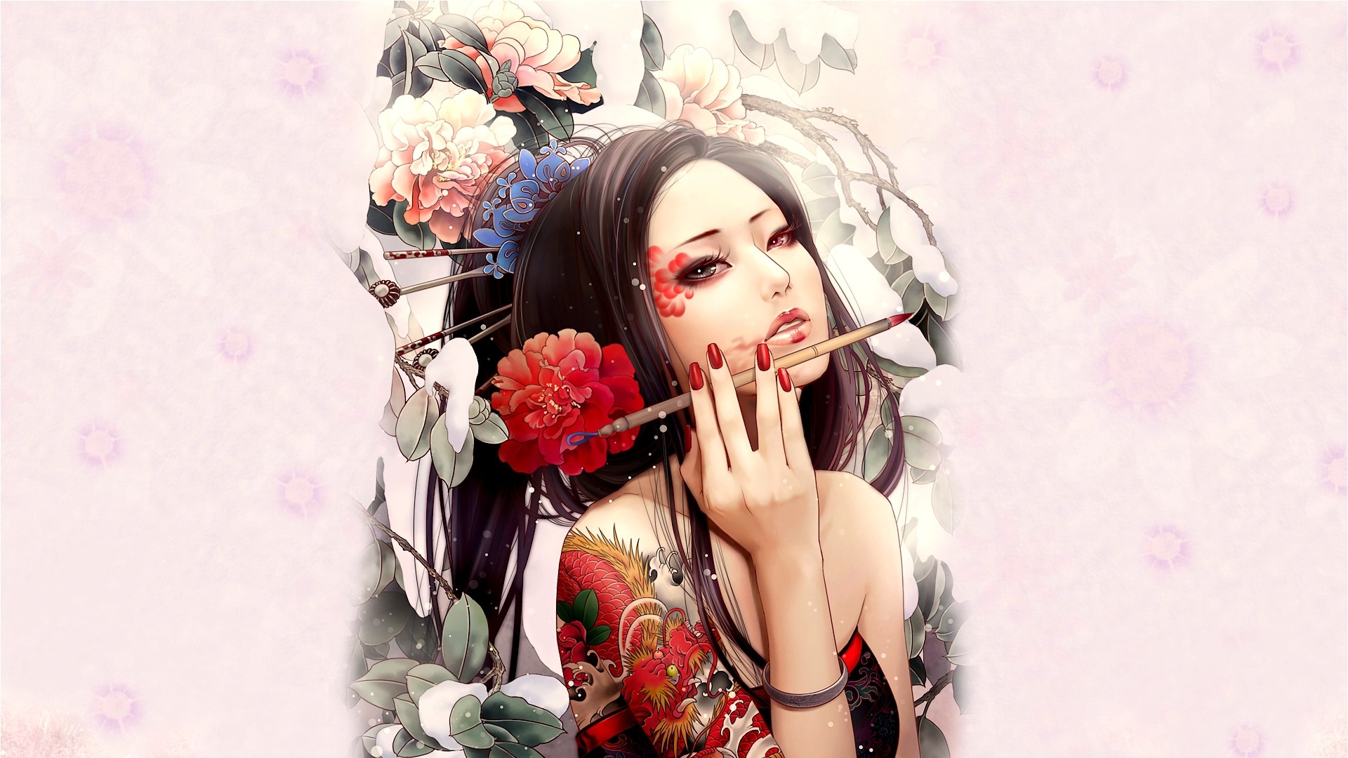 tatuaje fondo de pantalla,ilustración,cabello negro,cg artwork,fotografía,flor