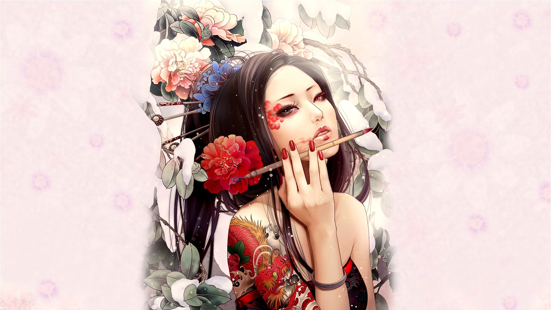 tattoo tapete,illustration,schwarzes haar,cg kunstwerk,fotografie,blume