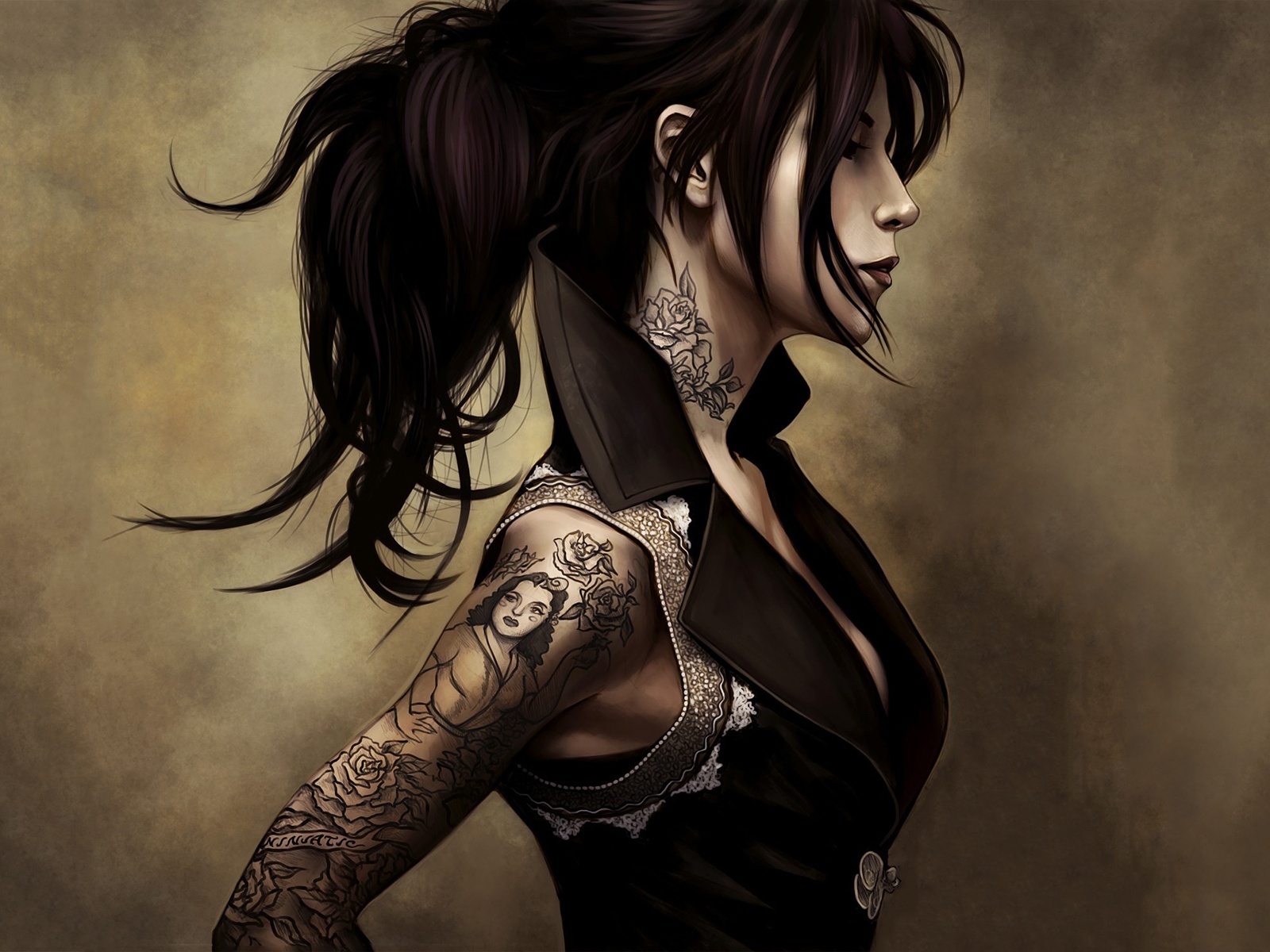 fond d'écran de tatouage,oeuvre de cg,illustration,cheveux noirs,cool,personnage fictif