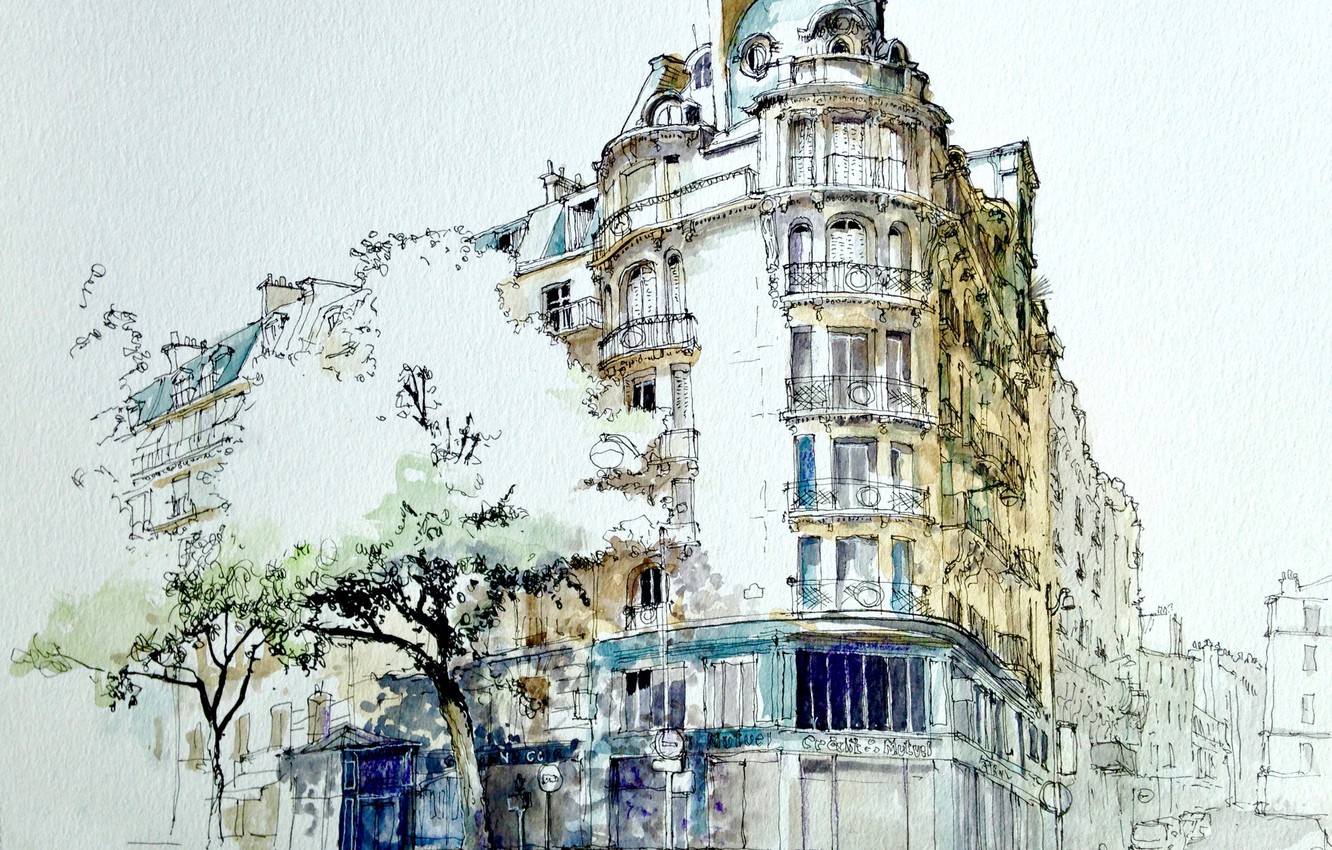 watercolor wallpaper,sketch,watercolor paint,architecture,drawing,building