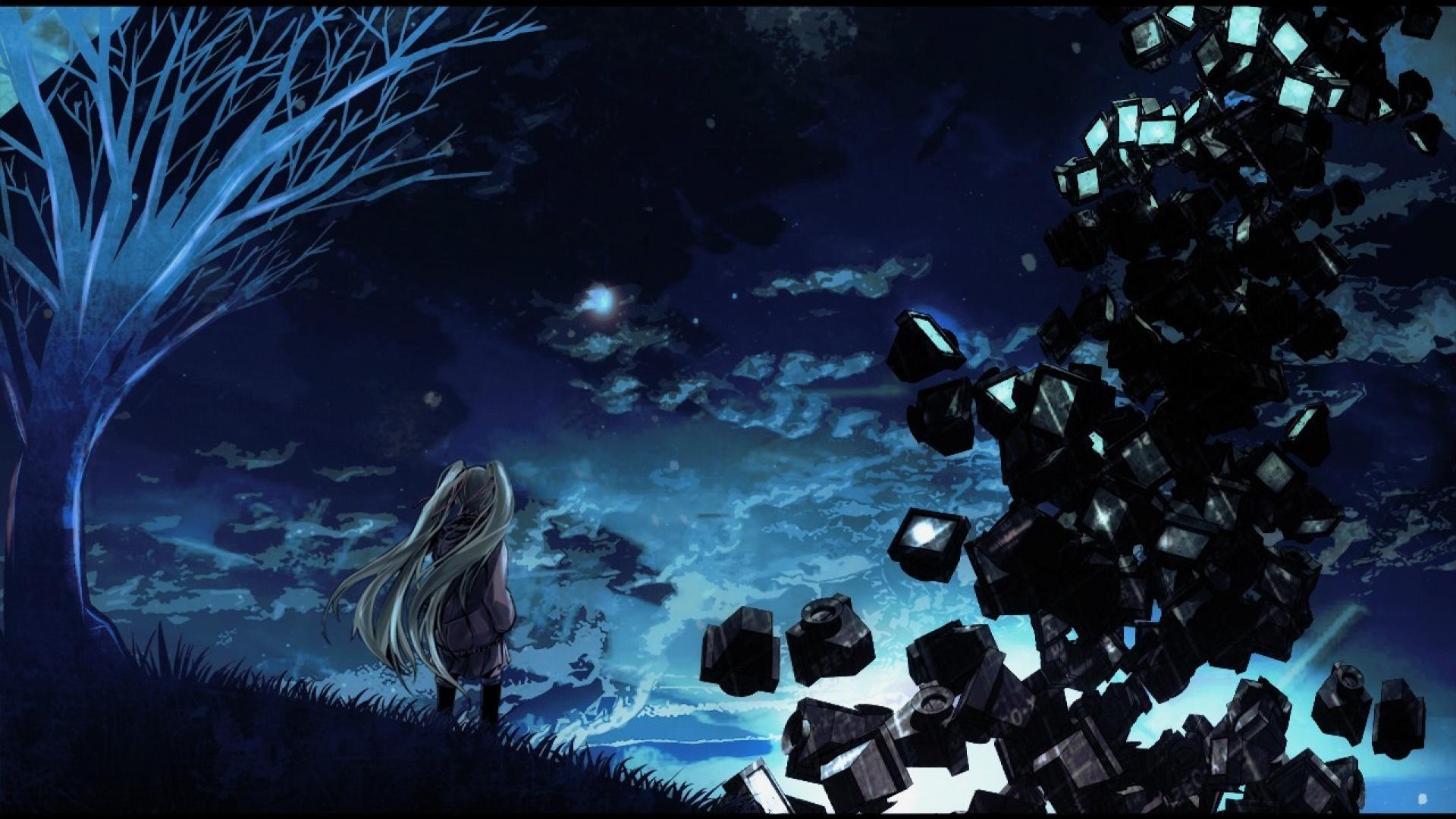 fond d'écran hatsune miku,bleu,l'eau,ciel,oeuvre de cg,nuit