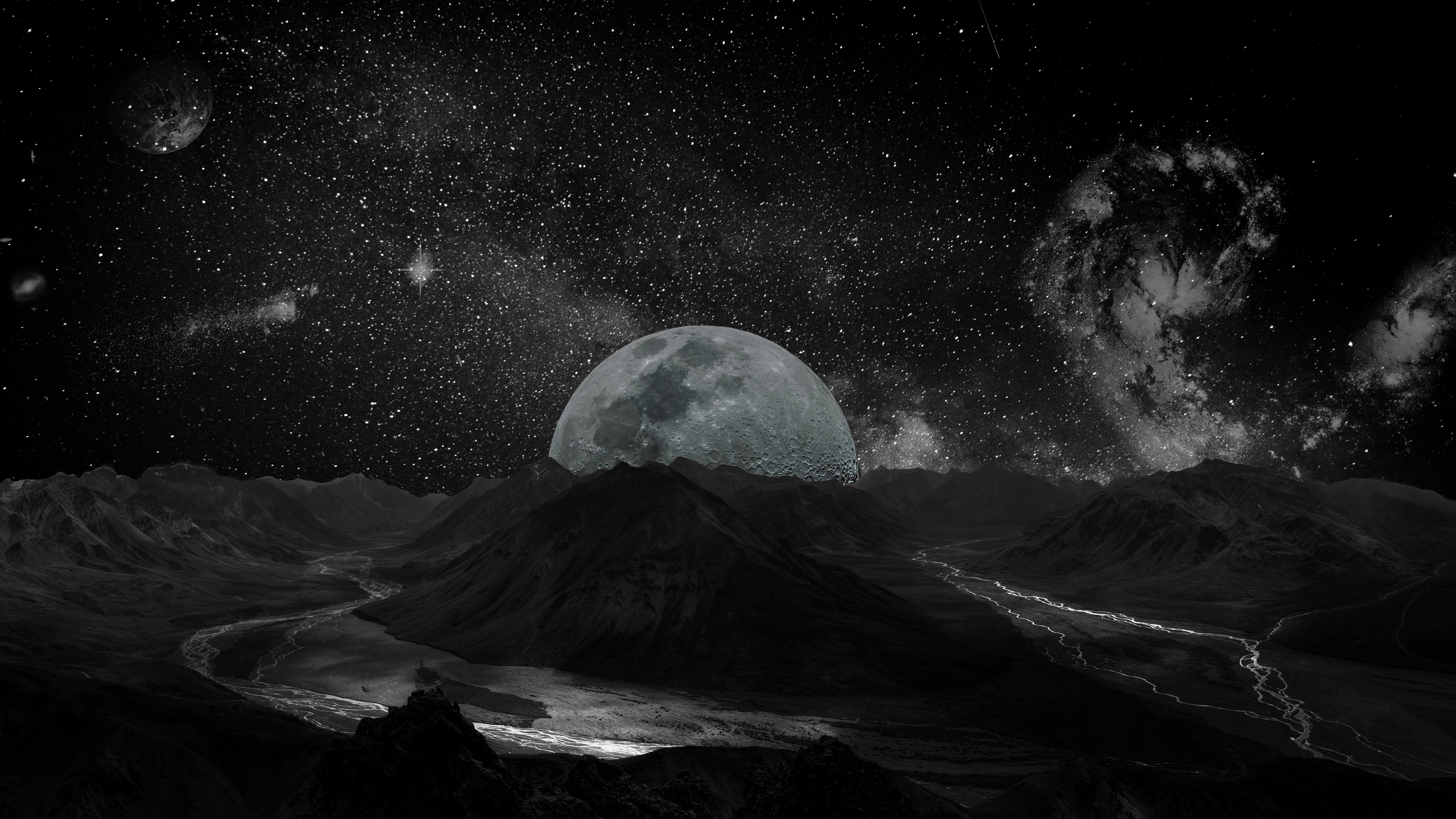 space wallpaper 4k,moon,nature,black,astronomical object,black and white