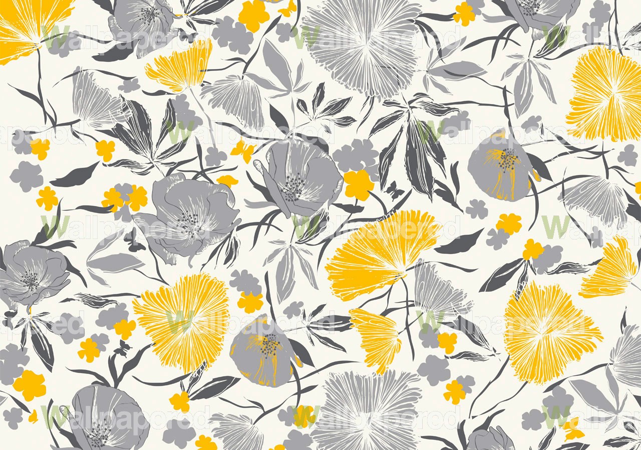 papier peint gris et jaune,jaune,modèle,fleurs sauvages,fleur,plante