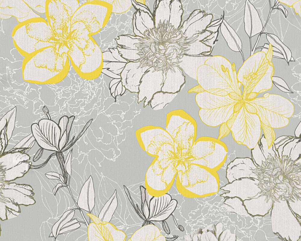 papel pintado gris y amarillo,fondo de pantalla,amarillo,flor,modelo,diseño floral