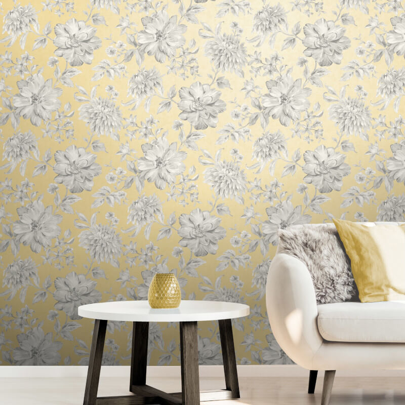 Crown Lucia Floral Yellow/grey Metallic Wallpaper Living Room Yellow