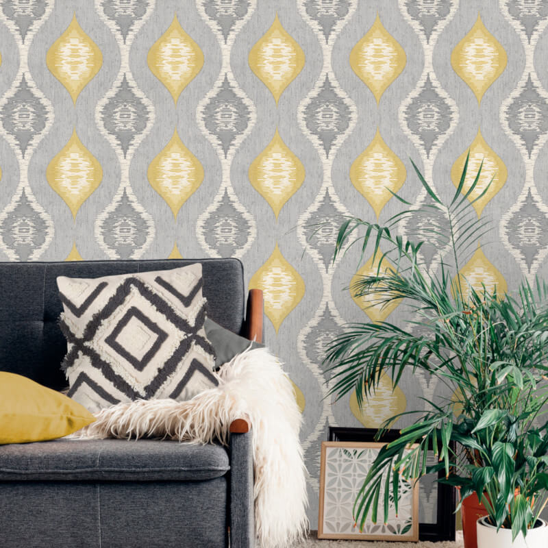 grey and yellow wallpaper,wallpaper,living room,wall,pattern,room