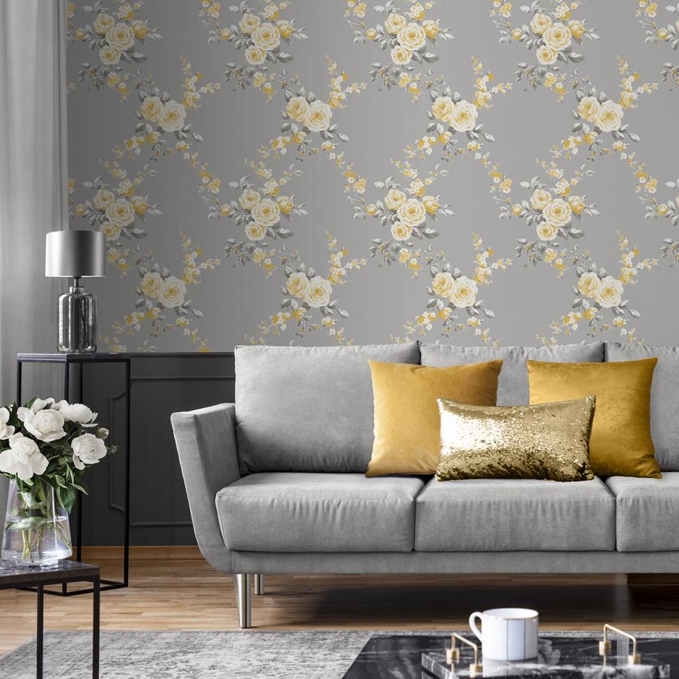 grey and yellow wallpaper,living room,wallpaper,wall,room,furniture