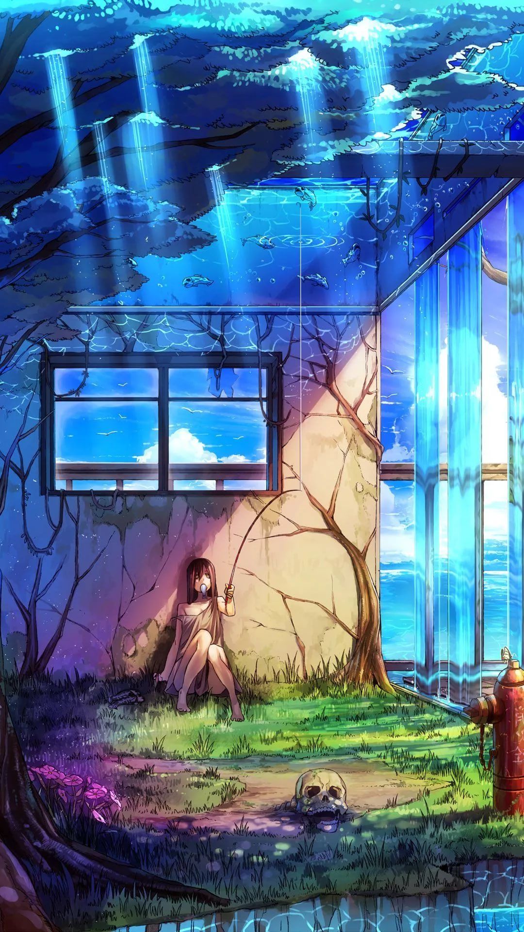anime wallpaper telefon,glas,fenster,kunst,gemälde,glasmalerei