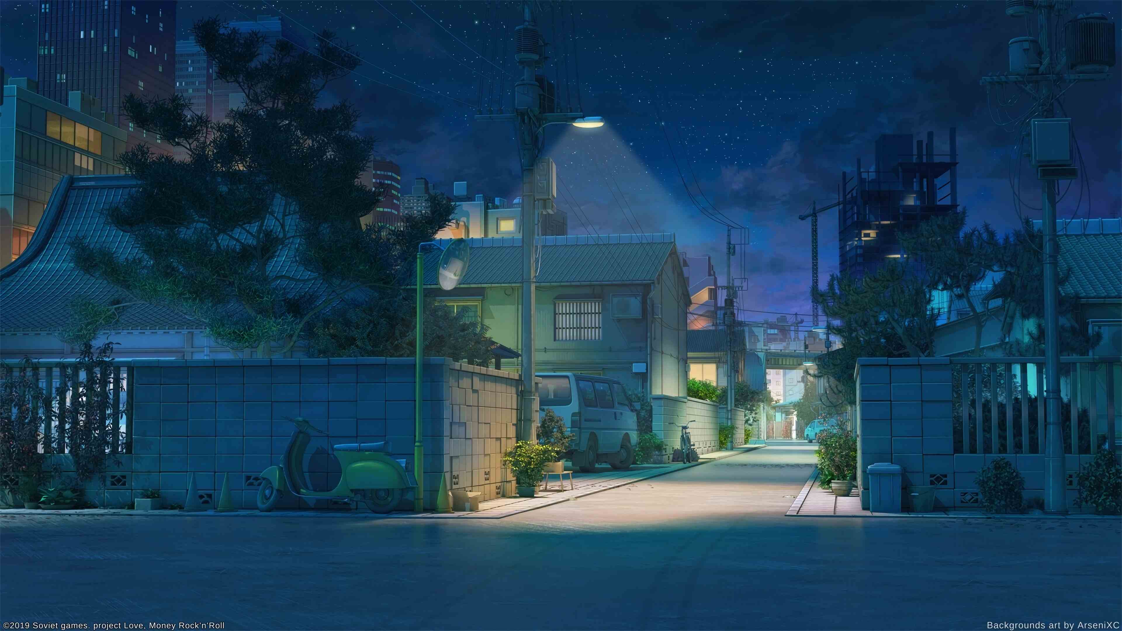 anime wallpaper telefon,himmel,blau,haus,die architektur,nacht