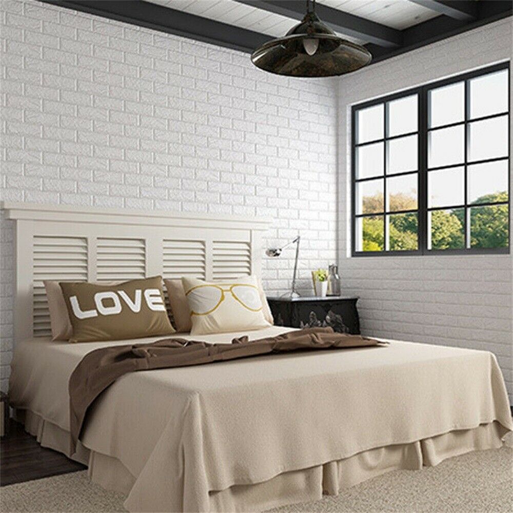 white brick wallpaper,bedroom,furniture,bed,room,bed sheet