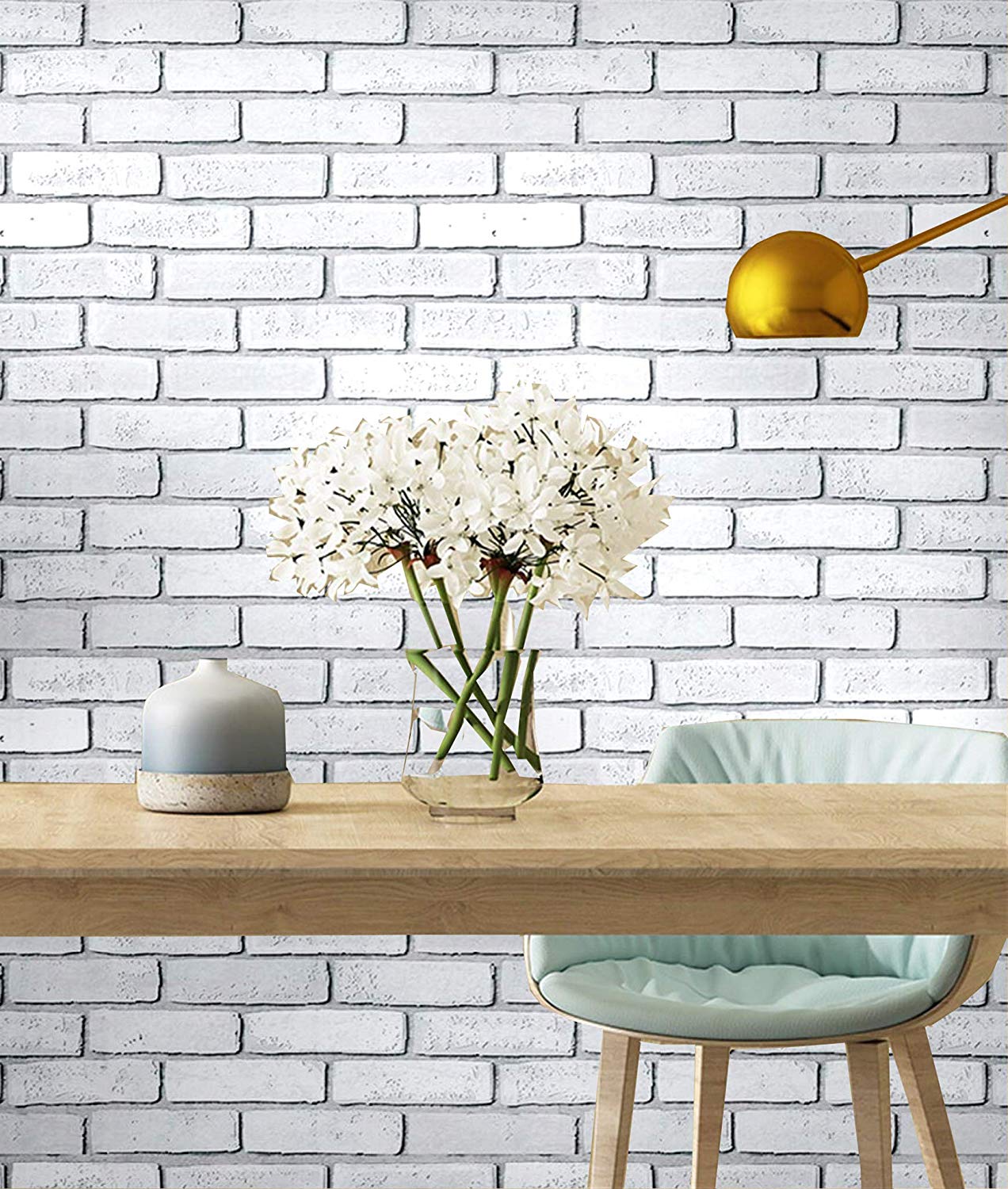 white brick wallpaper,wall,brick,yellow,table,tile