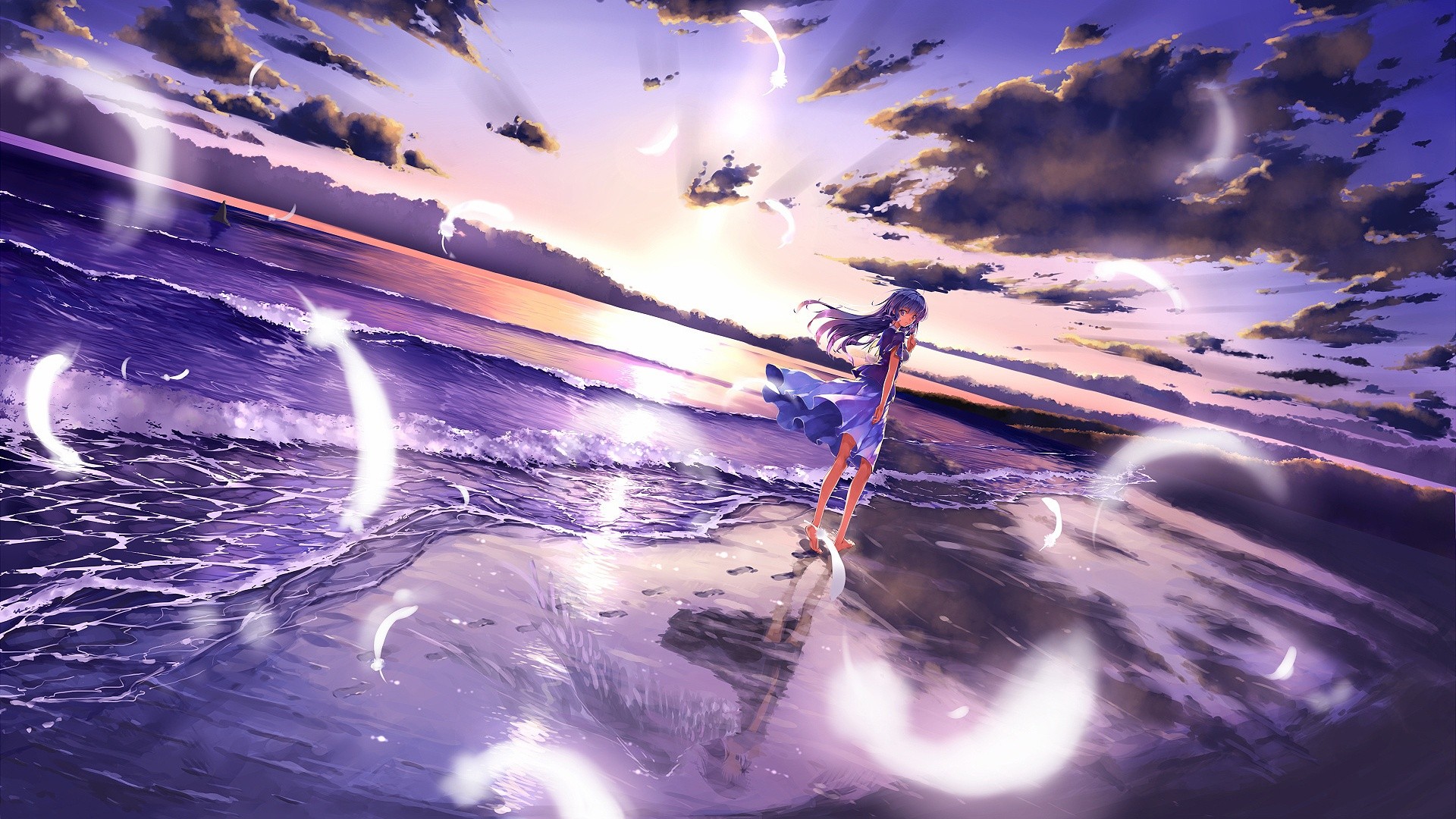 fond d'écran anime 1920x1080,ciel,violet,lumière,l'eau,oeuvre de cg