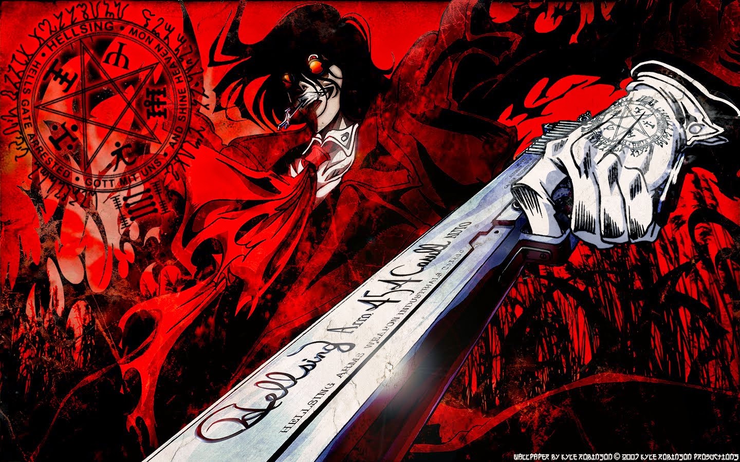 fond d'écran hellsing,conception graphique,illustration,oeuvre de cg,épée,anime