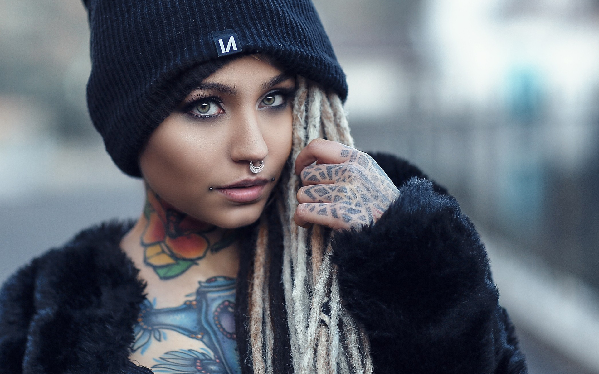 tattoo girl wallpaper,beanie,face,knit cap,beauty,street fashion