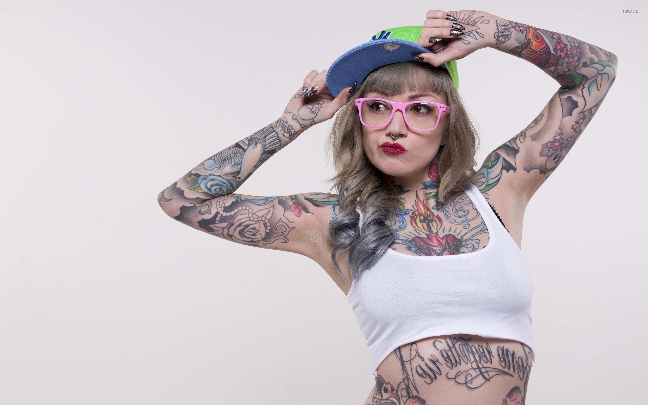 tattoo girl wallpaper,eyewear,glasses,tattoo,shoulder,arm