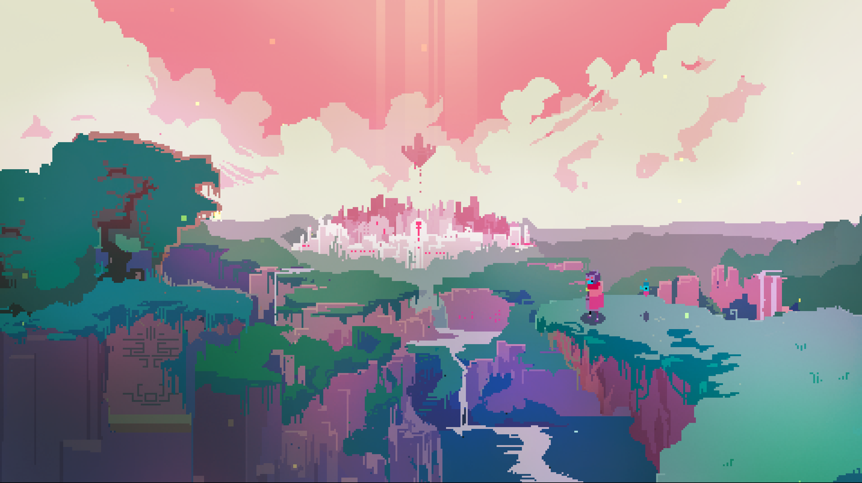 hyper light drifter wallpaper,green,pink,illustration,art,painting