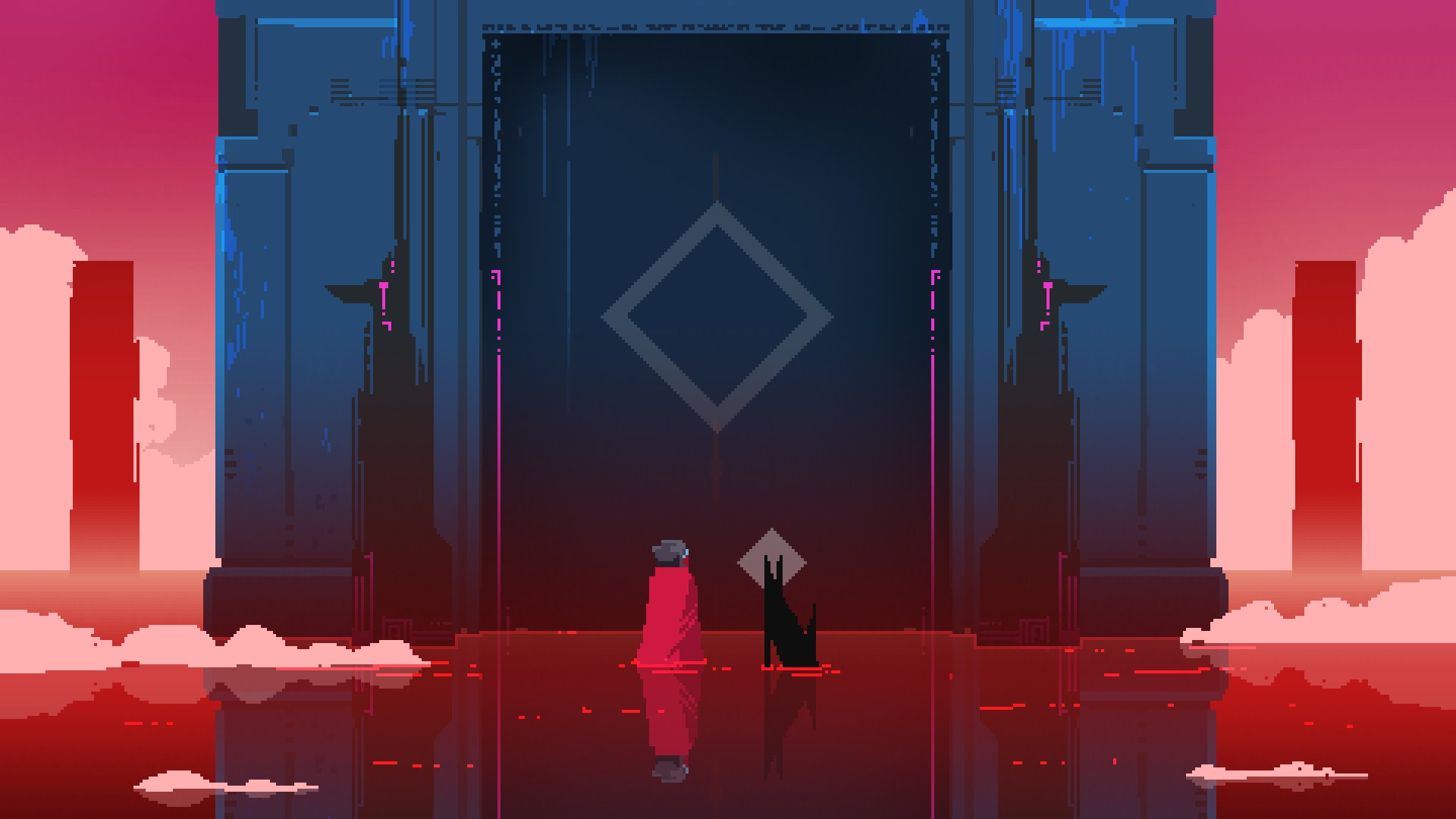 fond d'écran hyper light drifter,rouge,étape,bleu,rose,décor théâtral