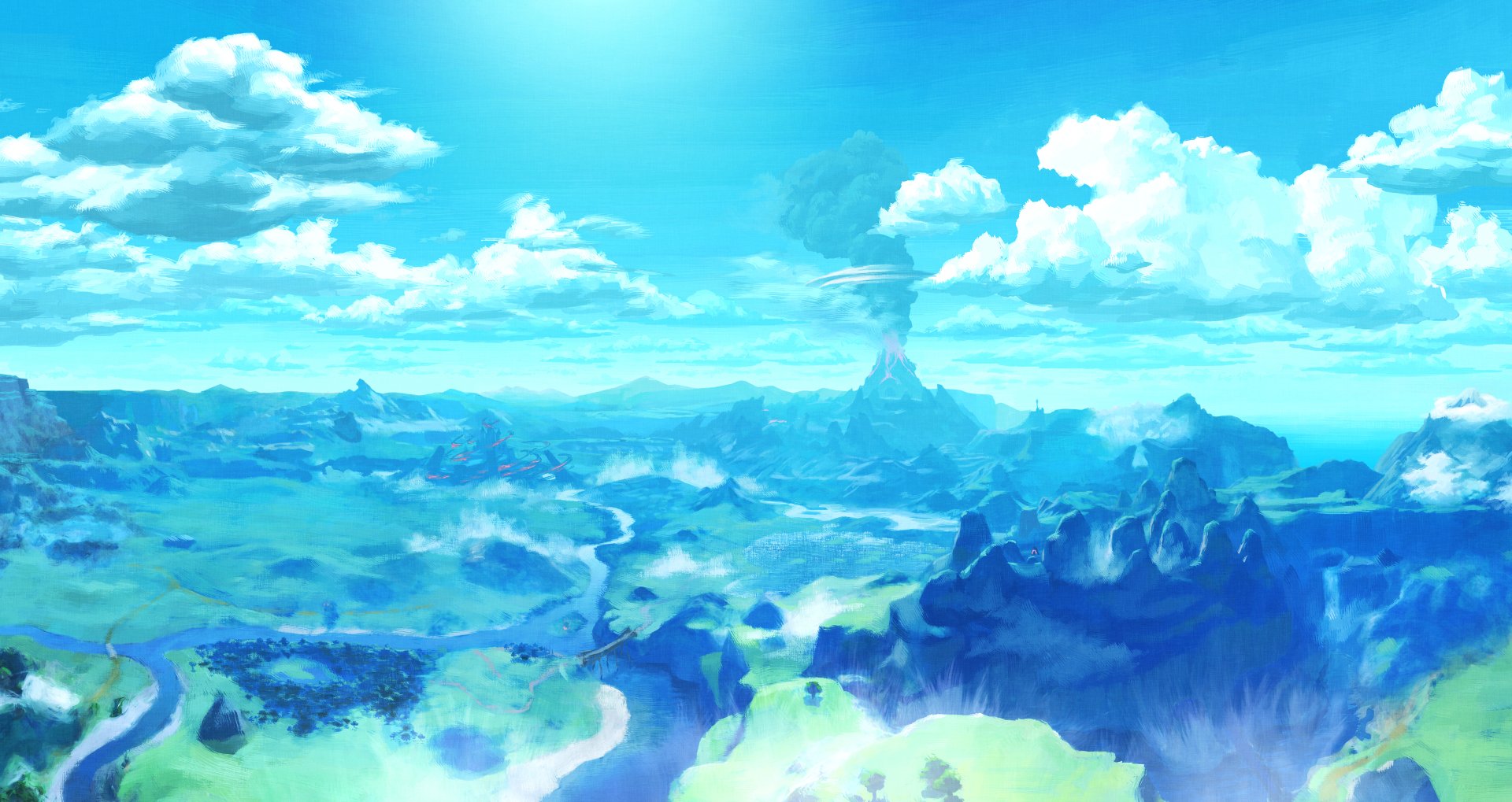 breath of the wild wallpaper,sky,natural landscape,nature,blue,watercolor paint