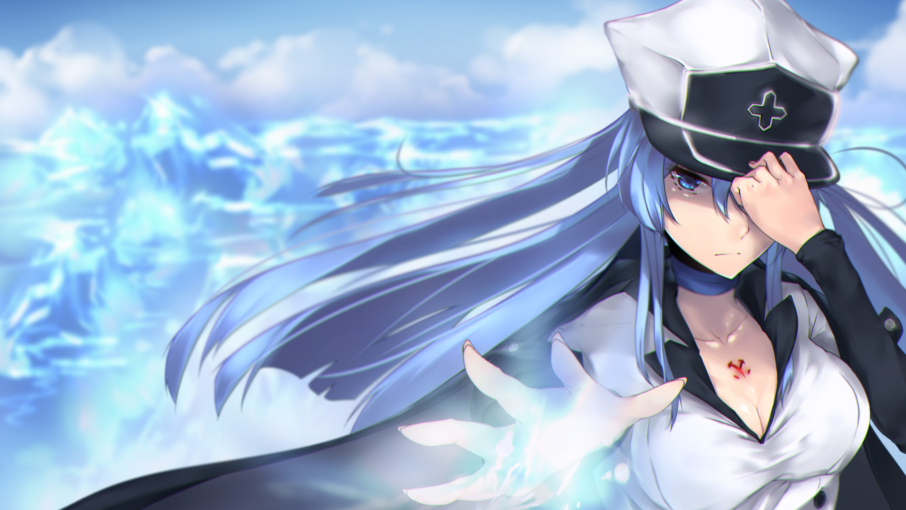 carta da parati esdeath,cg artwork,anime,cartone animato,cielo,capelli neri