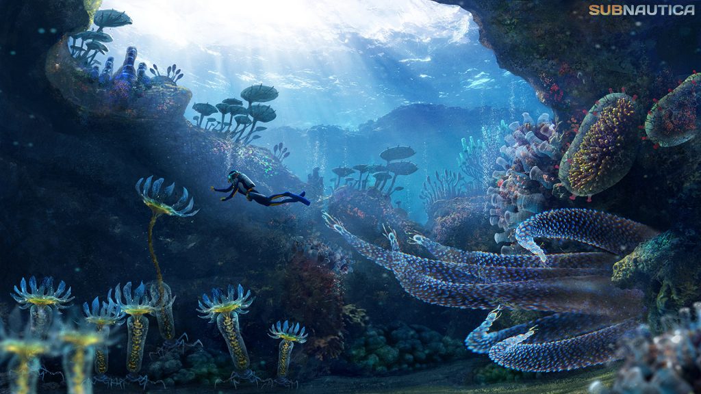 subnautica wallpaper,marine biology,organism,underwater,reef,fish