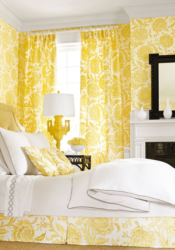 matching wallpaper and curtains,yellow,bedroom,room,interior design