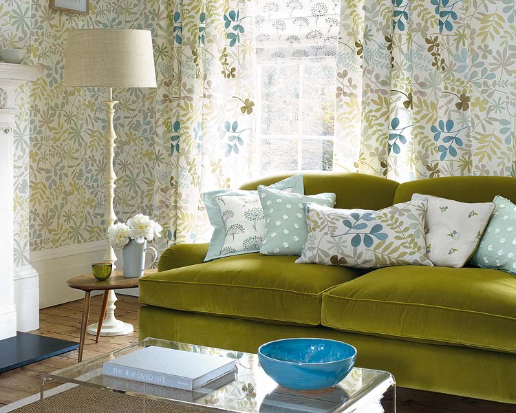 matching wallpaper and curtains,living room,room,furniture,interior design,green