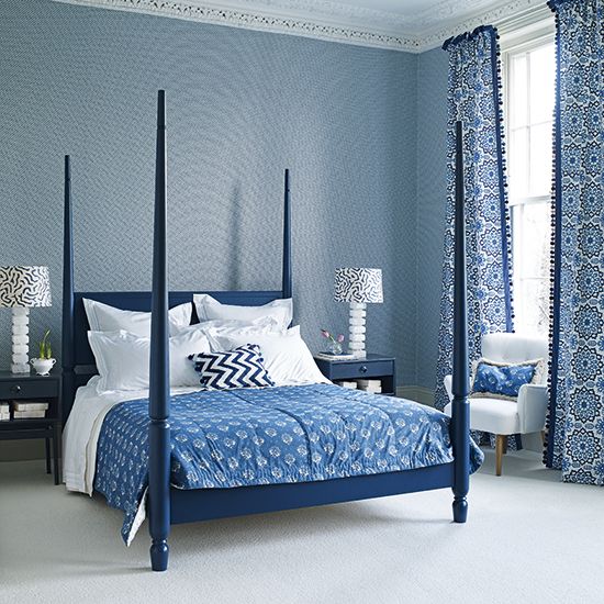 matching wallpaper and curtains,bedroom,bed,furniture,room,blue