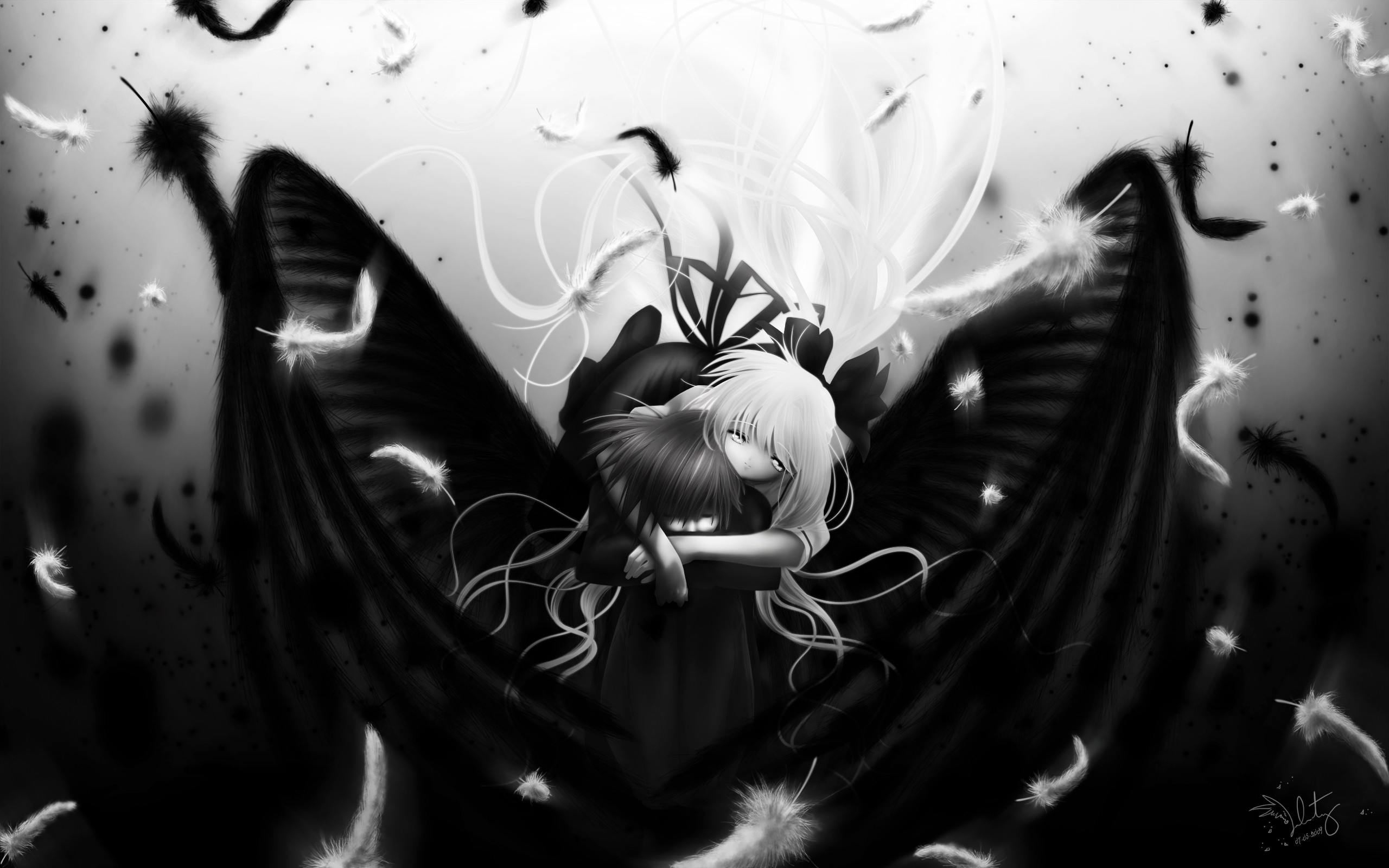 traurige anime wallpaper,schwarz und weiß,einfarbig,cg kunstwerk,monochrome fotografie,flügel