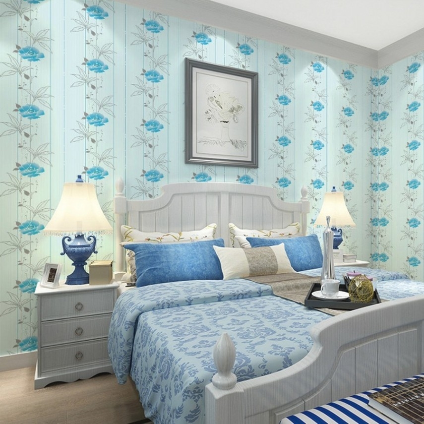 wallpaper dinding kamar tidur romantis,bedroom,room,furniture,blue,wall