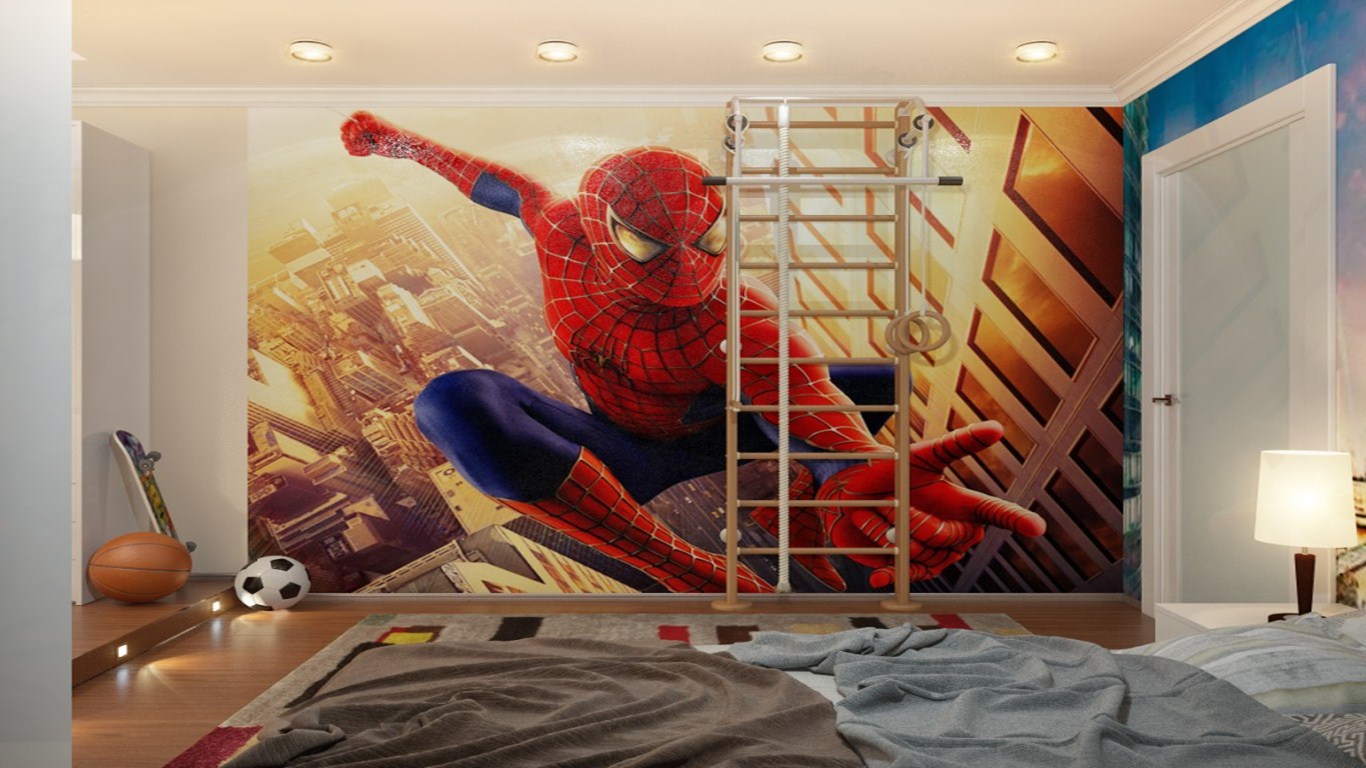 fondo de pantalla kamar anak,hombre araña,personaje de ficción,pared,mural,superhéroe