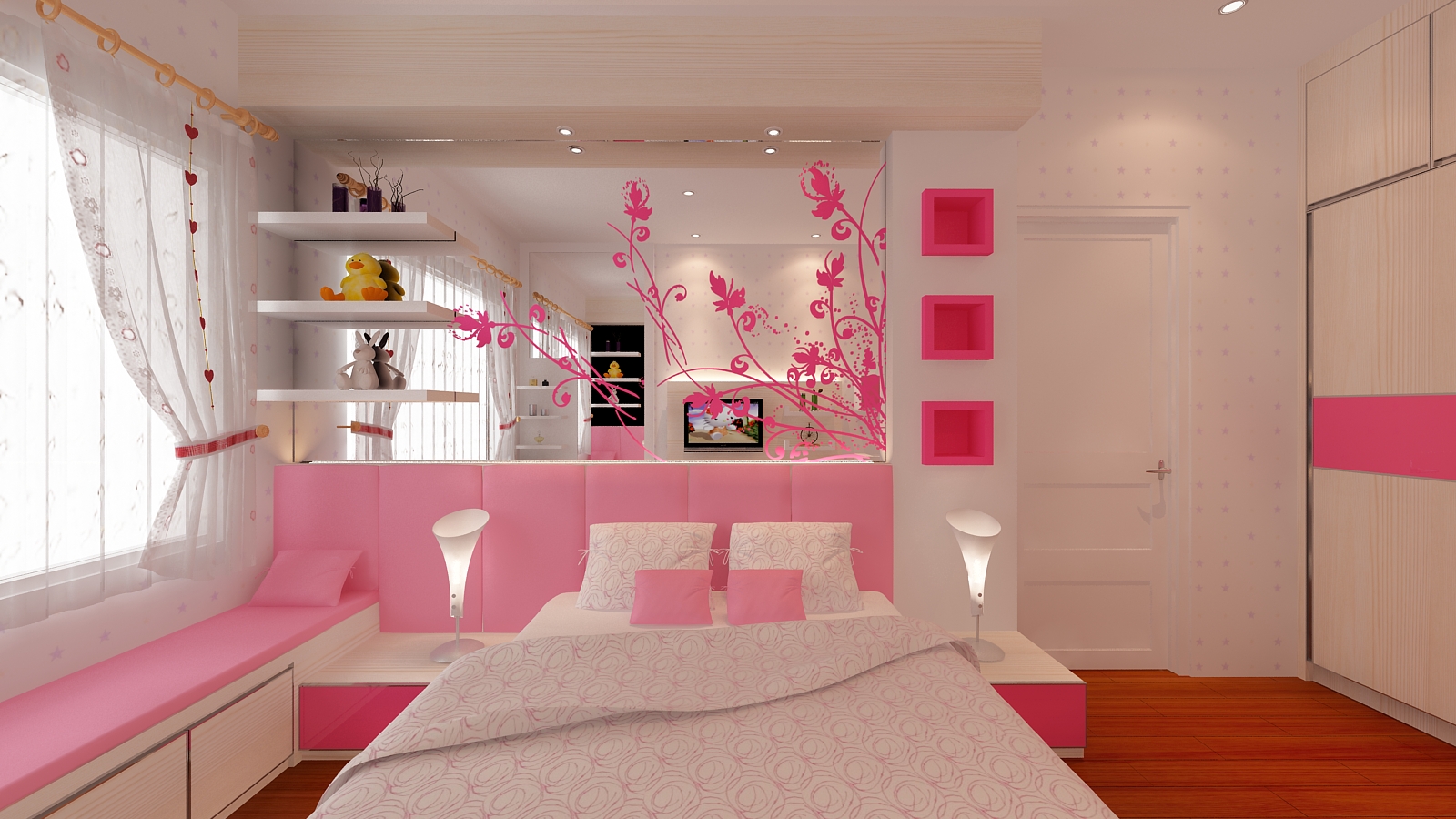 wallpaper kamar anak,room,pink,interior design,furniture,decoration